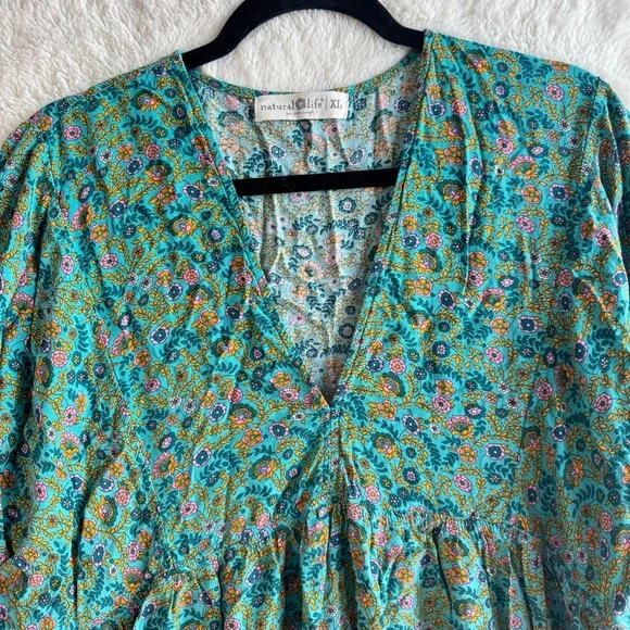 Natural Life Stella V-Neck Mini Dress Women’s XL Turquoise Ditsy Vines Bohemian - Picture 3 of 11